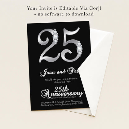 The image is a 25th anniversary invitation for Joan and Peter, which is editable via Corjl, without the need for any software to download.