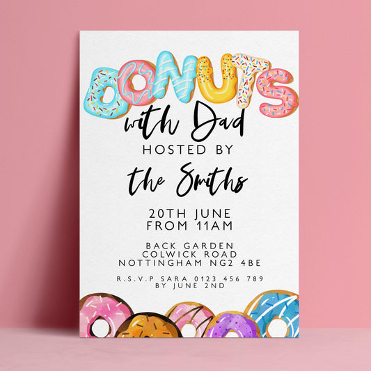 The image is a colorful invitation card for a party with donuts, featuring the text "Donuts with Dad Hosted by the Smiths" and details about the event.