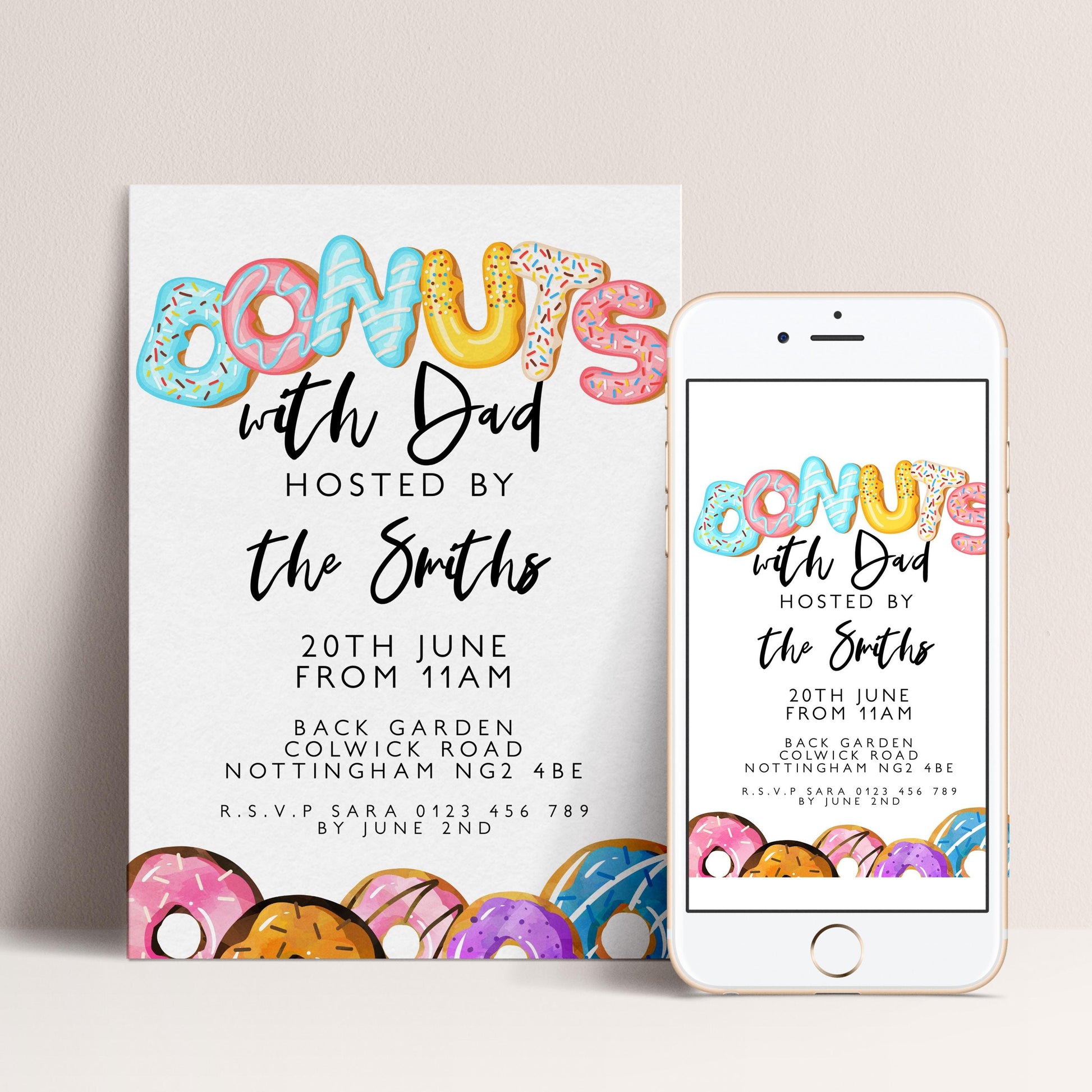 a poster and a smartphone displaying an invitation for a donut-themed event hosted by the Smiths.