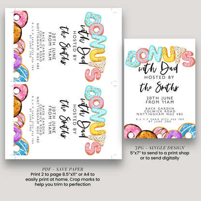 two pages of a design featuring colorful donut graphics. The text on the pages includes details about a special event, such as a "donut party" with a "donut-themed" theme. The design includes a "donut" and "donut" motif, along with other donut-related elements. The text also mentions a "donut party" with a "donut-themed" theme, and provides instructions for printing and sending the design.