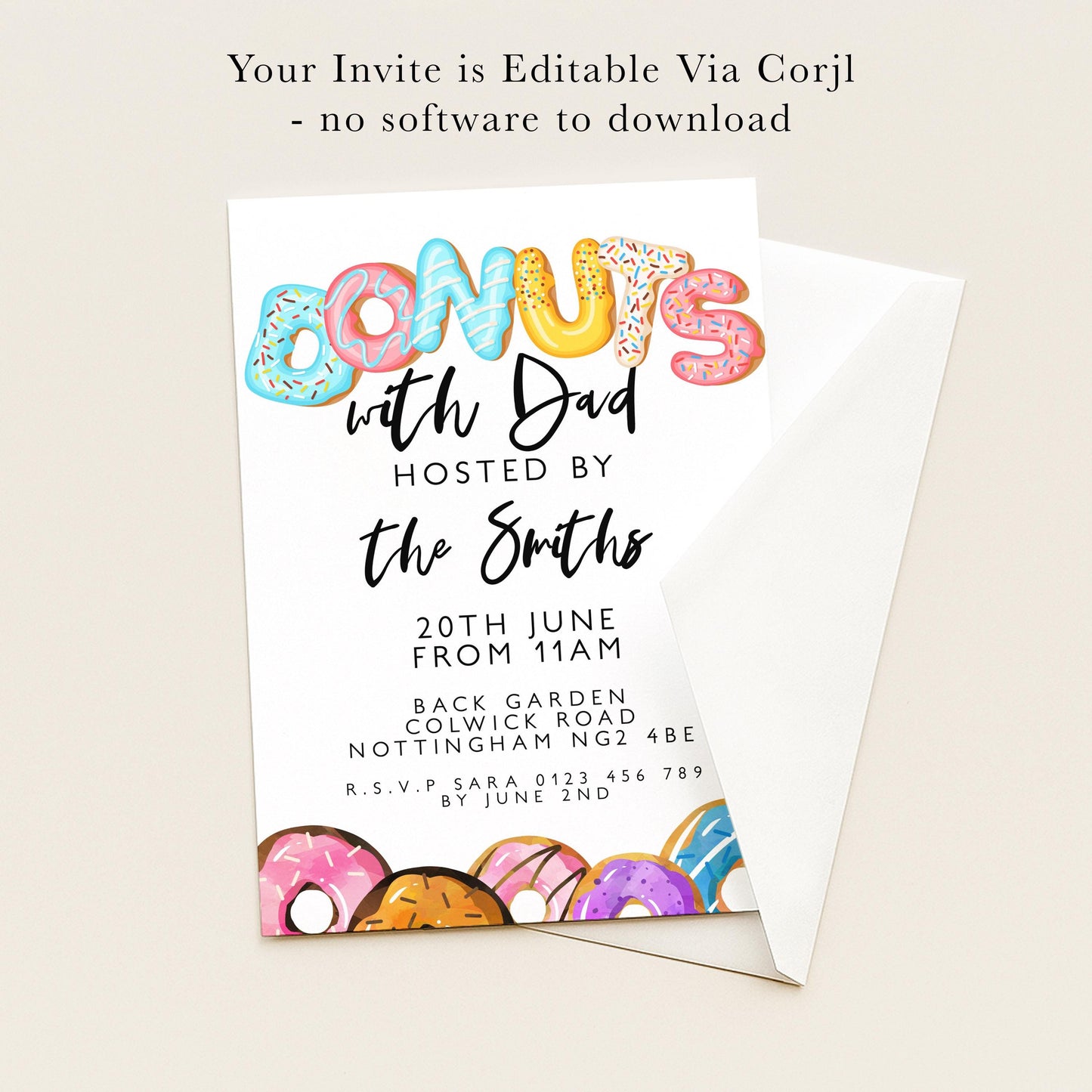 The image is a colorful invitation card for a donut-themed party, featuring the word "donuts" in a playful font and decorated with various donut illustrations.