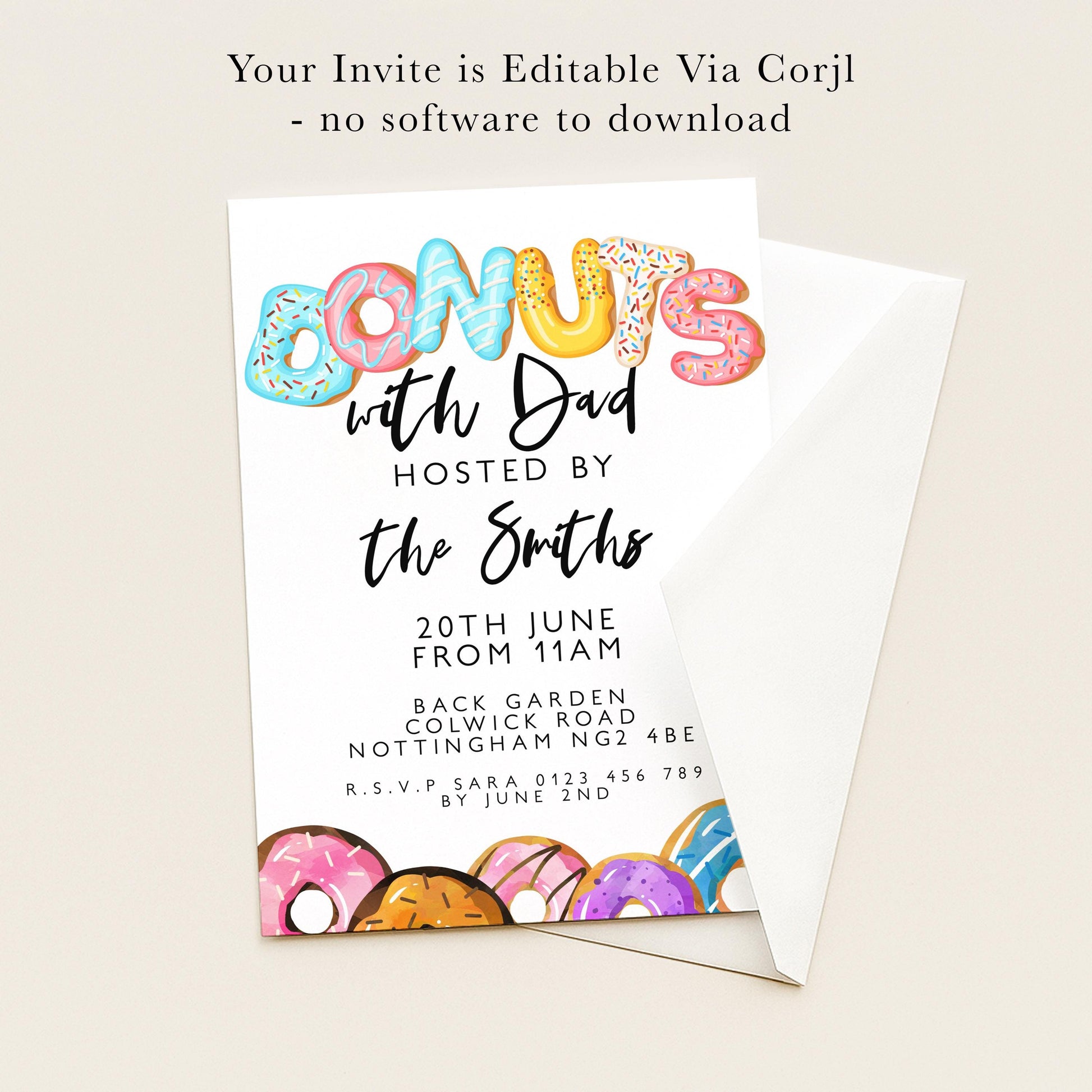 The image is a colorful invitation card for a donut-themed party, featuring the word "donuts" in a playful font and decorated with various donut illustrations.