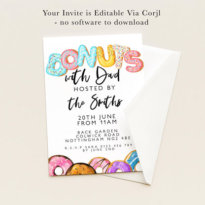 The image is a colorful invitation card for a donut-themed party, featuring the word "donuts" in a playful font and decorated with various donut illustrations.