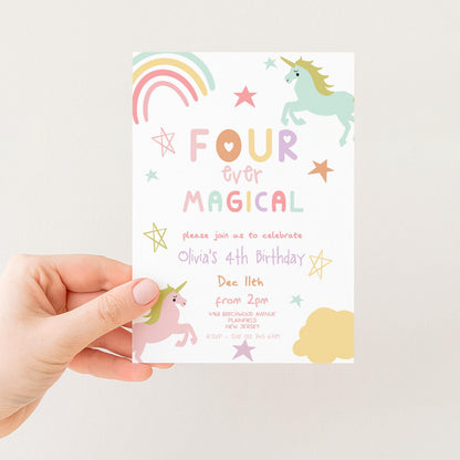 The image is a birthday invitation for a 4th birthday party, featuring a unicorn and a rainbow.