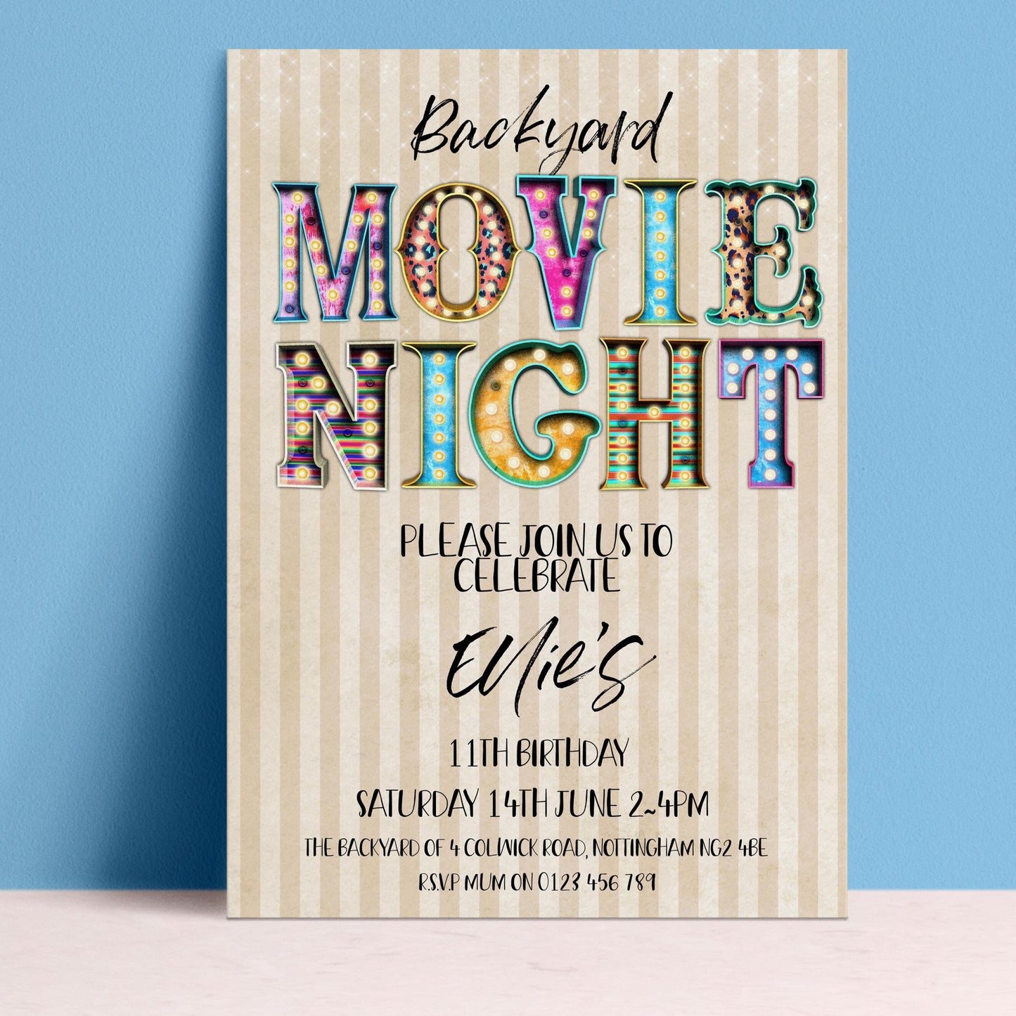 The image is a colorful invitation for a backyard movie night, featuring the text "Backyard Movie Night" in a decorative font.