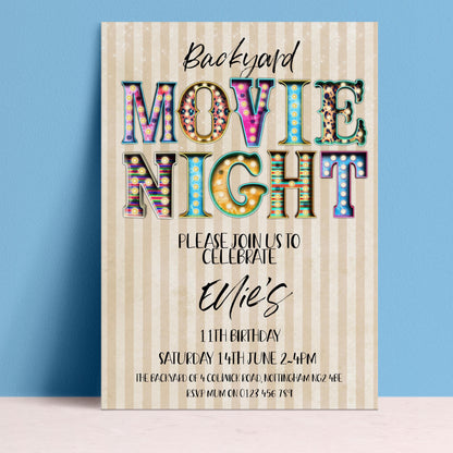 The image is a colorful invitation for a backyard movie night, featuring the text "Backyard Movie Night" in a decorative font.