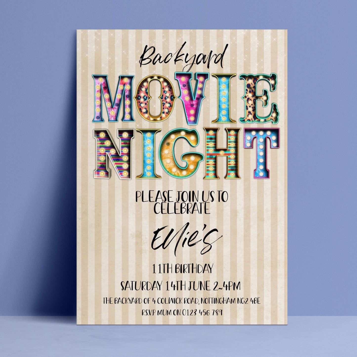 The image is a colorful invitation for a backyard movie night, featuring the text "Backyard MOVIE NIGHT" in a decorative font.