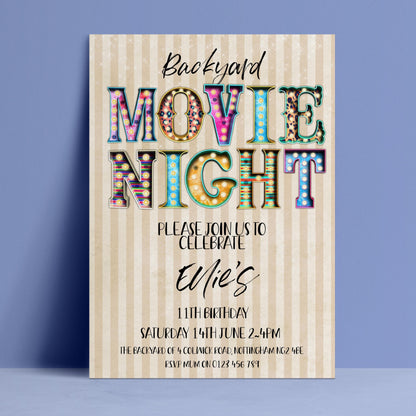 The image is a colorful invitation for a backyard movie night, featuring the text "Backyard MOVIE NIGHT" in a decorative font.