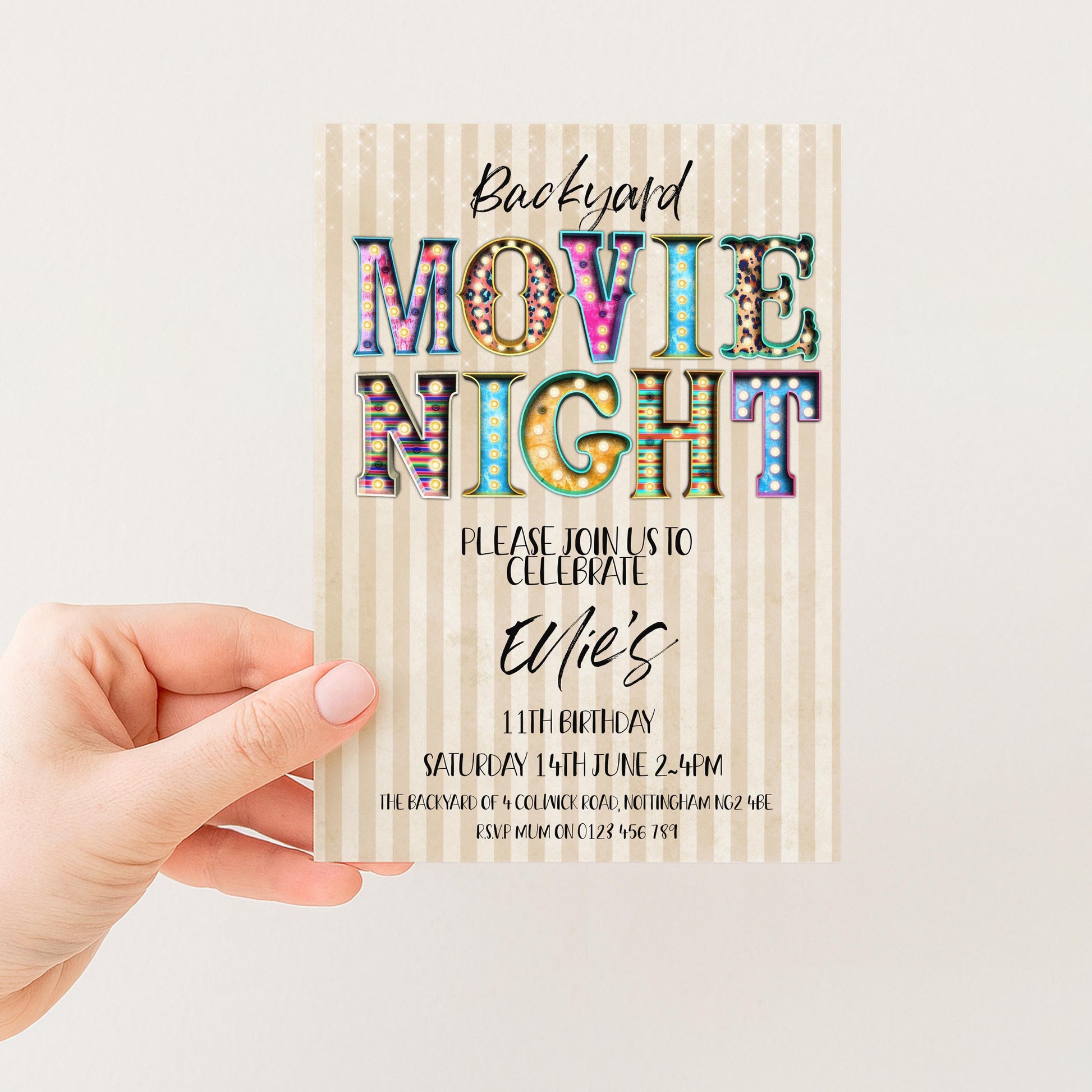 The image is a colorful invitation card for a backyard movie night event.