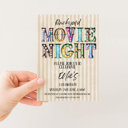 The image is a colorful invitation card for a backyard movie night event.