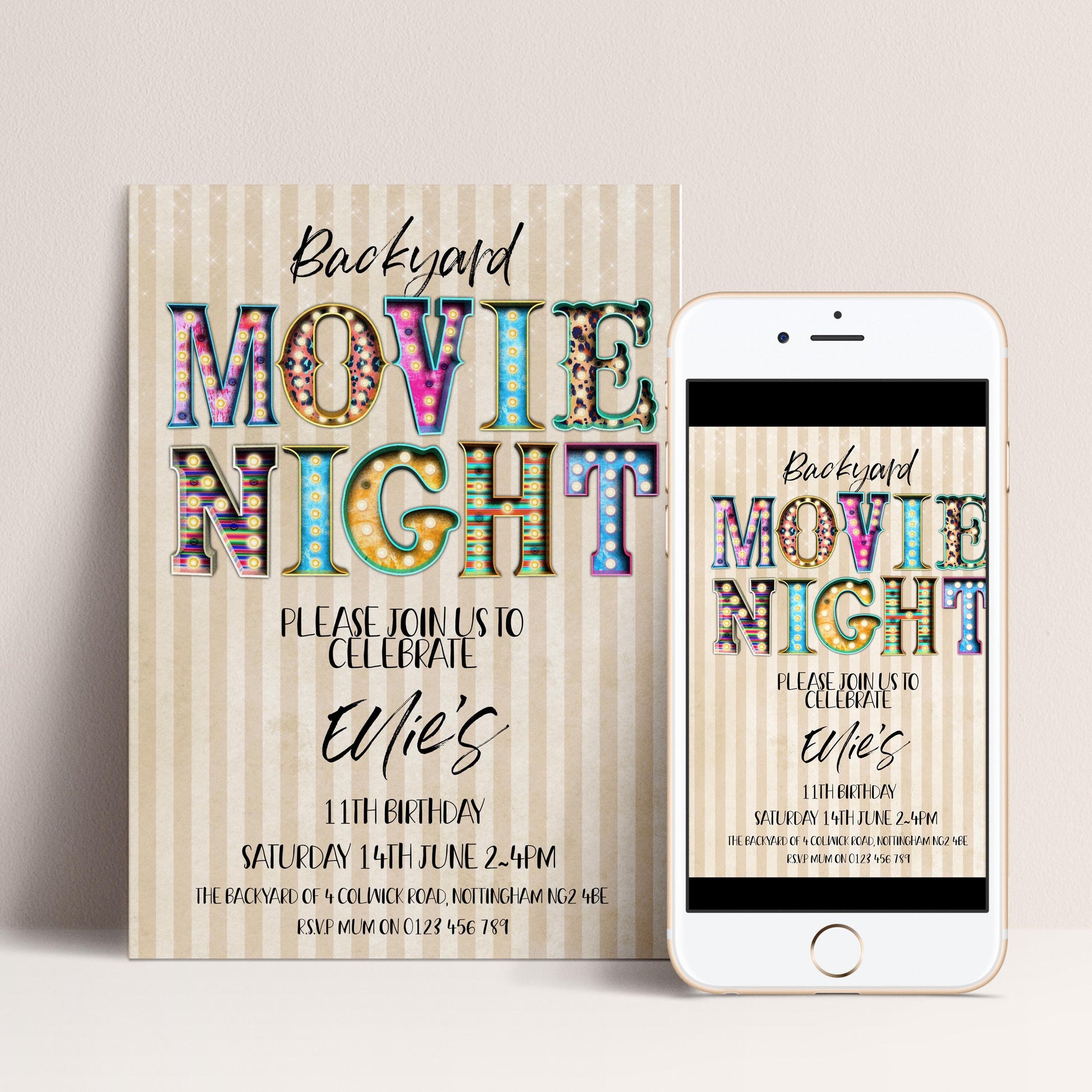 The image is a promotional invitation for a backyard movie night event. It features colorful text and graphics, including the words "Backyard Movie Night" and "Please join us to celebrate Eileen's 11th birthday". The invitation is designed to be displayed on a poster and a smartphone screen, both of which are placed against a light background.