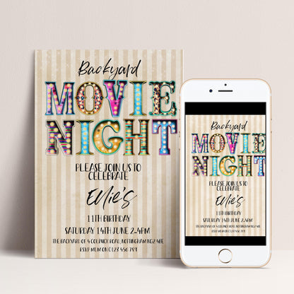 The image is a promotional invitation for a backyard movie night event. It features colorful text and graphics, including the words "Backyard Movie Night" and "Please join us to celebrate Eileen's 11th birthday". The invitation is designed to be displayed on a poster and a smartphone screen, both of which are placed against a light background.