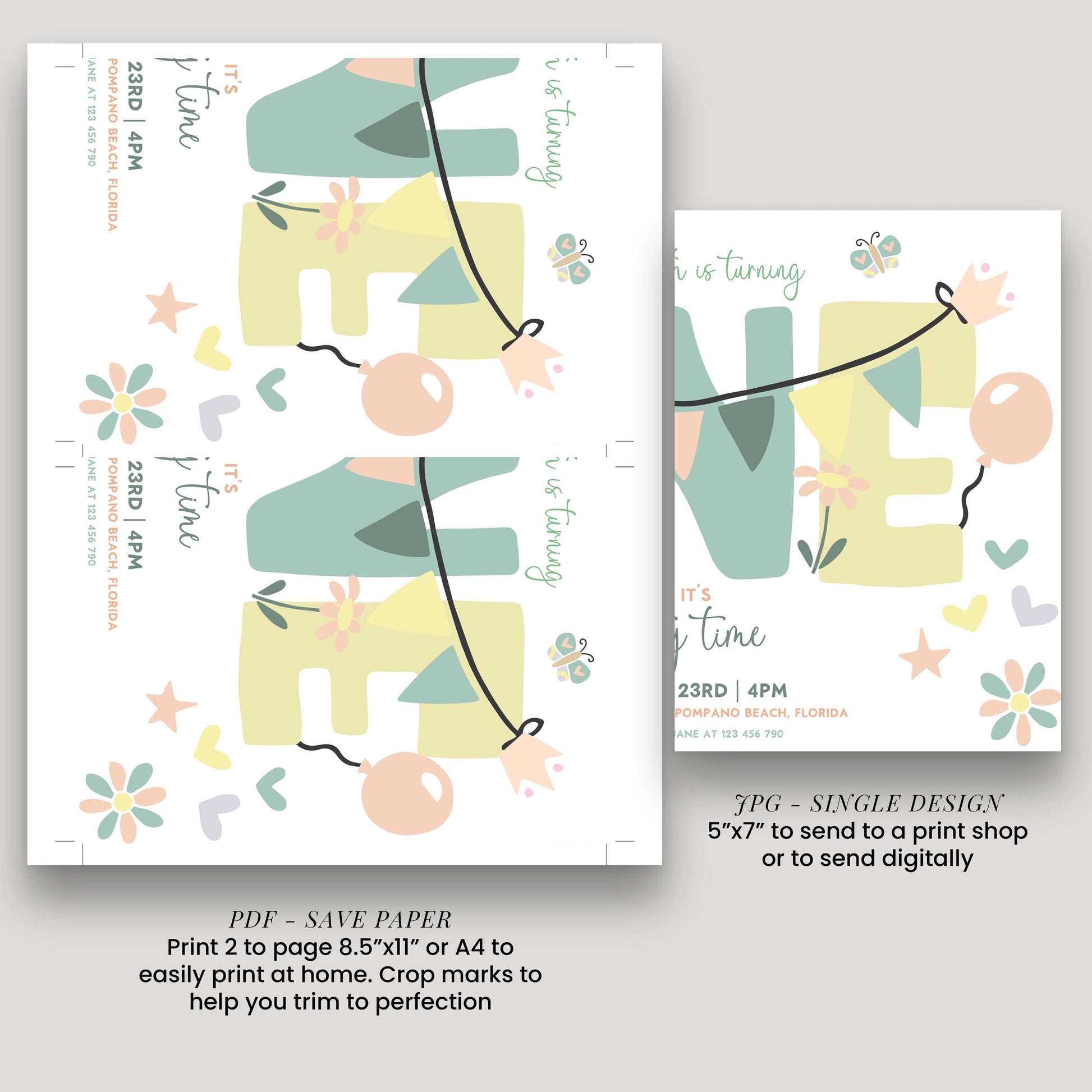 The image is a single design page featuring a colorful and whimsical design with various shapes, flowers, and balloons.