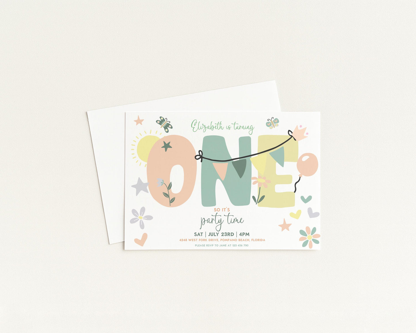 A colorful birthday invitation card for a one-year-old party.