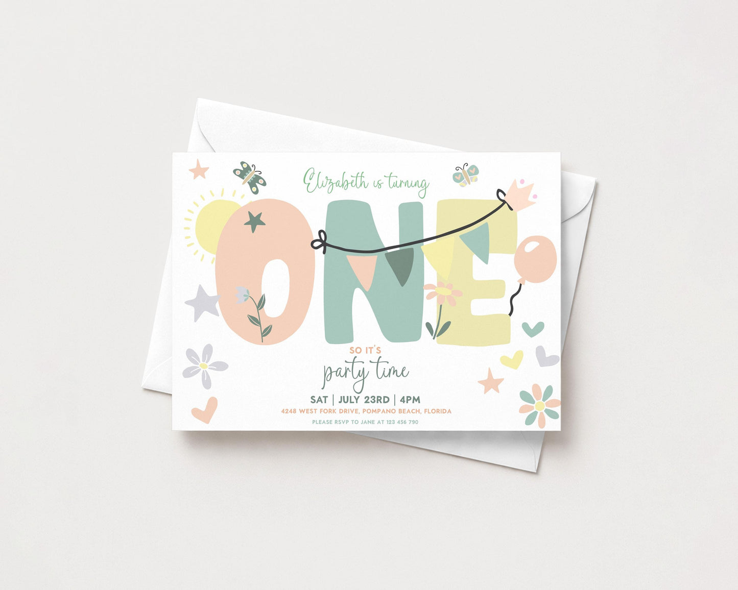 A colorful birthday invitation for a one-year-old named Elizabeth, featuring the word "ONE" in large letters and various decorative elements such as flowers, stars, and butterflies.