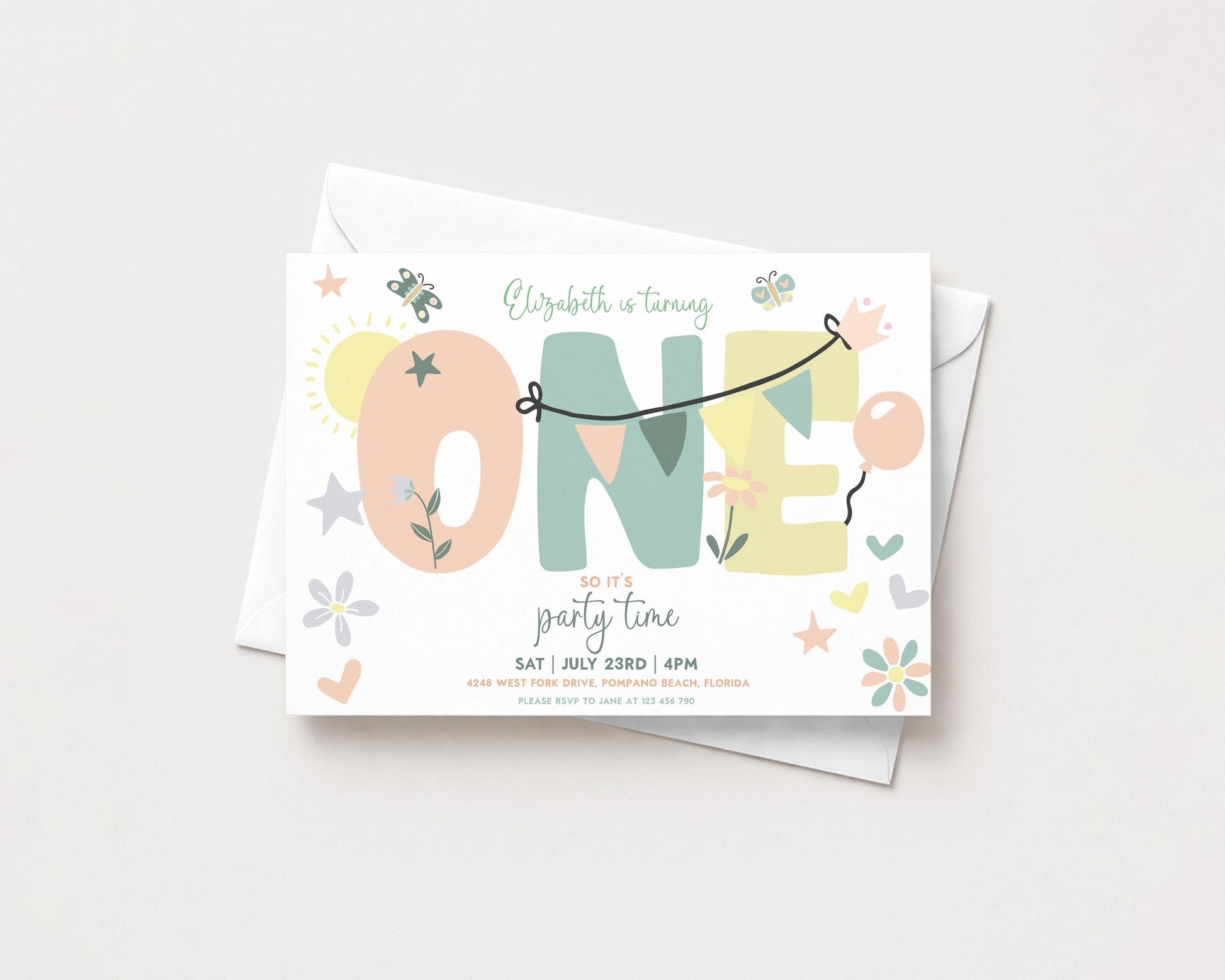 A colorful birthday invitation for a one-year-old named Elizabeth, featuring the word "ONE" in large letters and various decorative elements such as flowers, stars, and butterflies.