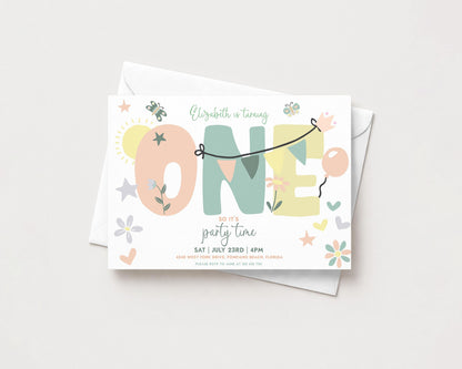 A colorful birthday invitation for a one-year-old named Elizabeth, featuring the word "ONE" in large letters and various decorative elements such as flowers, stars, and butterflies.