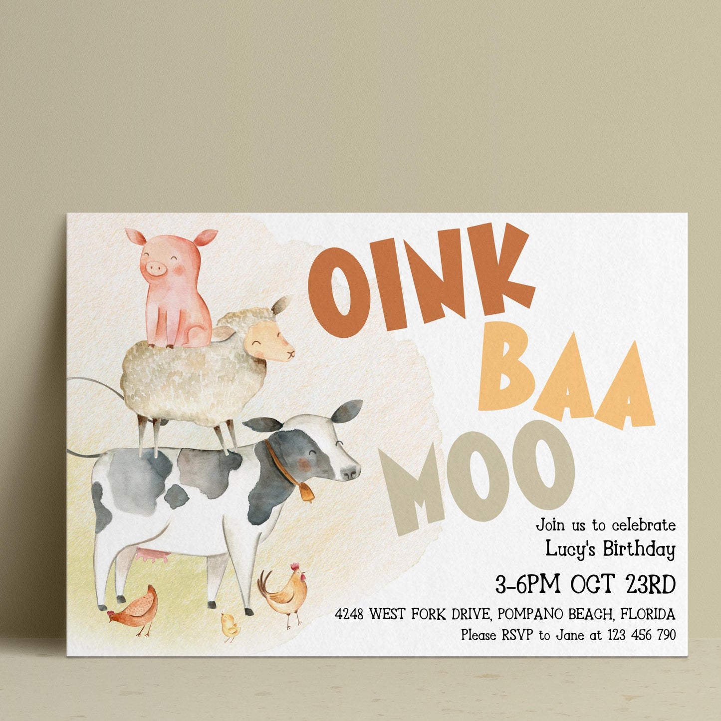 The image is a birthday invitation featuring illustrations of a pig, sheep, cow, and chicken, along with the text "OINK BAA MOO" and the date and time of the celebration.