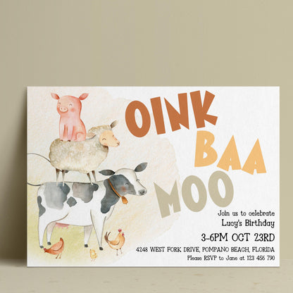 The image is a birthday invitation featuring illustrations of a pig, sheep, cow, and chicken, along with the text "OINK BAA MOO" and the date and time of the celebration.