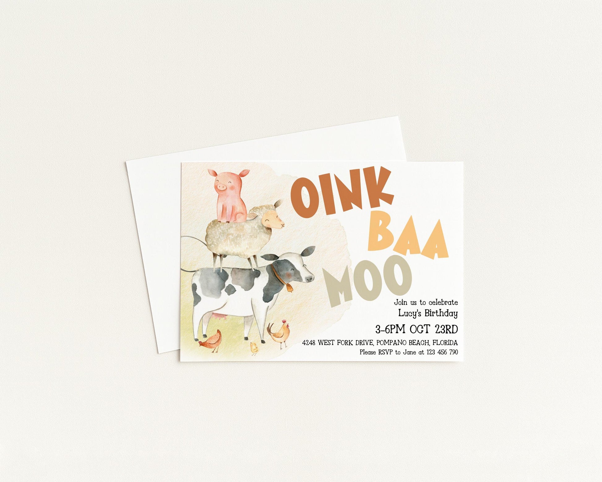 The image is a birthday invitation featuring a cartoon illustration of a pig, sheep, and cow, along with the text "OINK BAA MOO" and the date and time of the celebration.