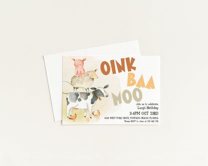 The image is a birthday invitation featuring a cartoon illustration of a pig, sheep, and cow, along with the text "OINK BAA MOO" and the date and time of the celebration.