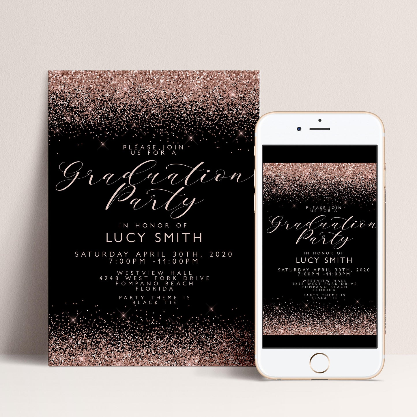 a phone next to a black and gold party card