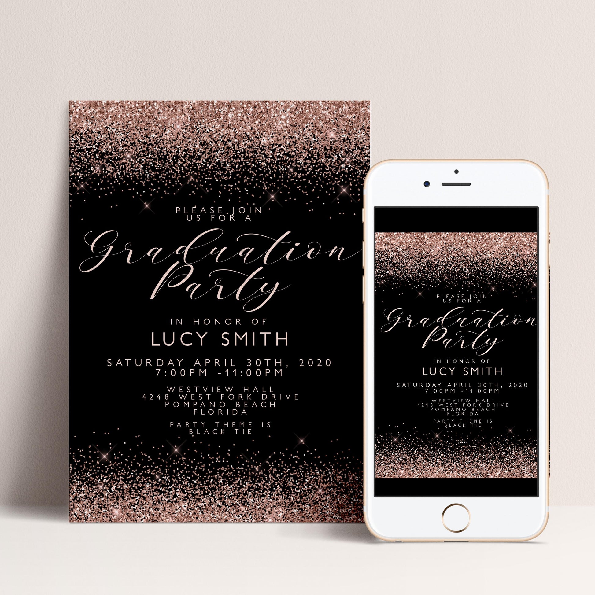 a phone next to a black and gold party card