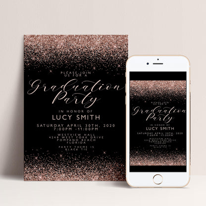 a phone next to a black and gold party card