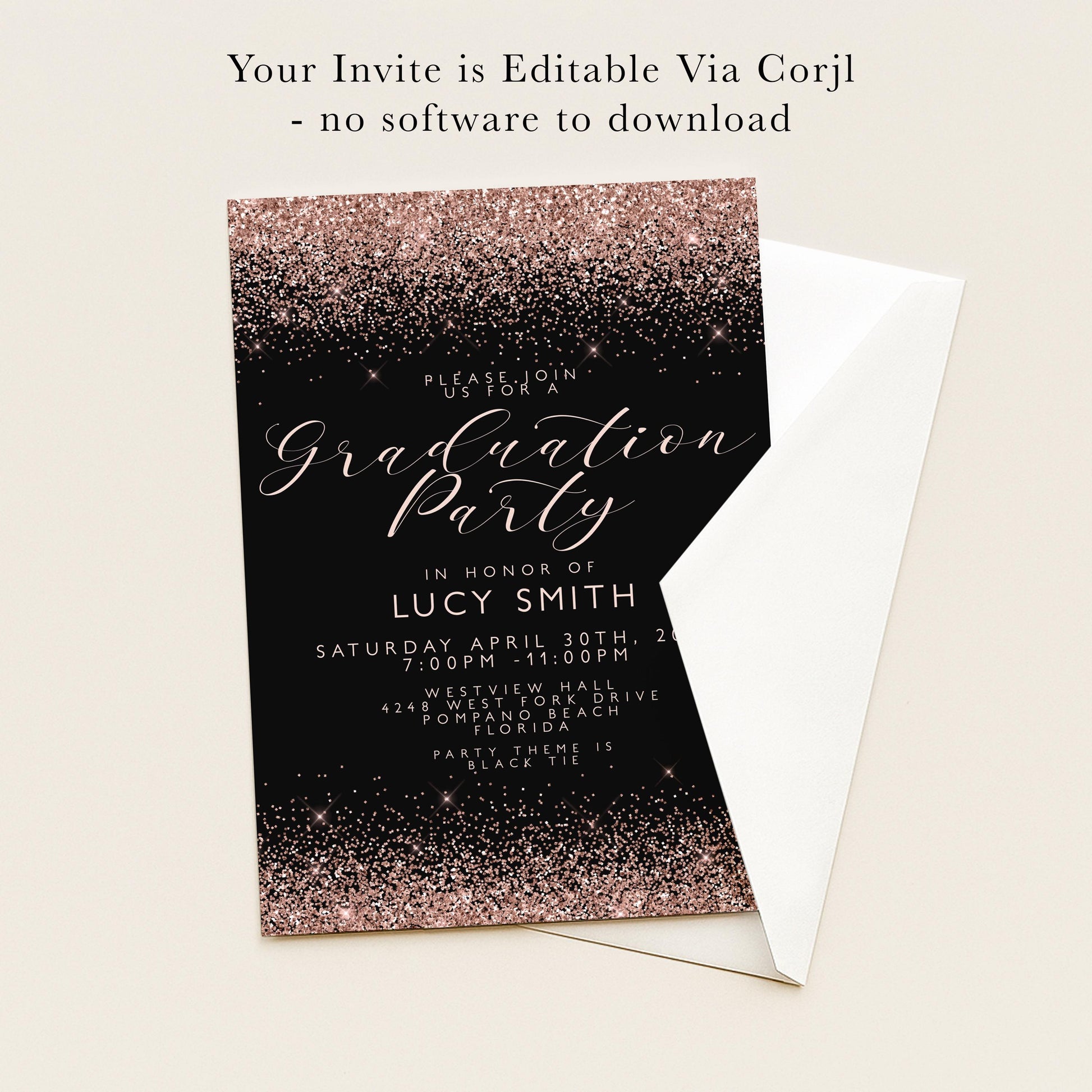 The image is a graduation party invitation with a black background and a glittery gold border. The text invites guests to a party in honor of Lucy Smith, scheduled for Saturday, April 30th, at 7:00 PM at Westport Drive, Westport, Florida.