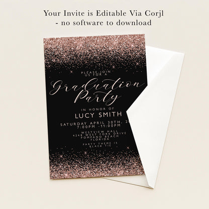 The image is a graduation party invitation with a black background and a glittery gold border. The text invites guests to a party in honor of Lucy Smith, scheduled for Saturday, April 30th, at 7:00 PM at Westport Drive, Westport, Florida.