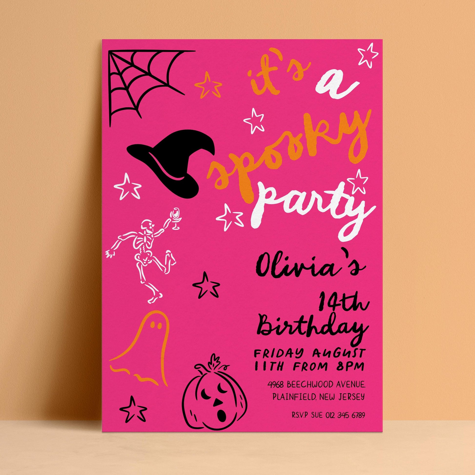 The image is a pink birthday party invitation featuring Halloween-themed illustrations and text.