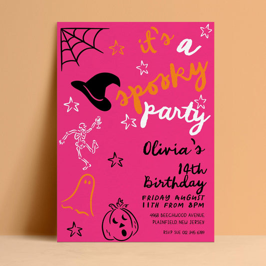 The image is a pink birthday party invitation featuring Halloween-themed illustrations and text.