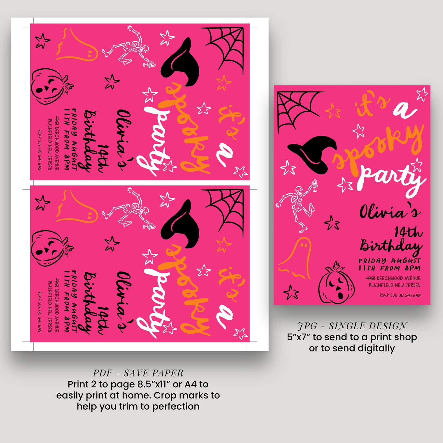 The image is a pink party invitation for a 14th birthday party, featuring a spider web, bats, and pumpkins.