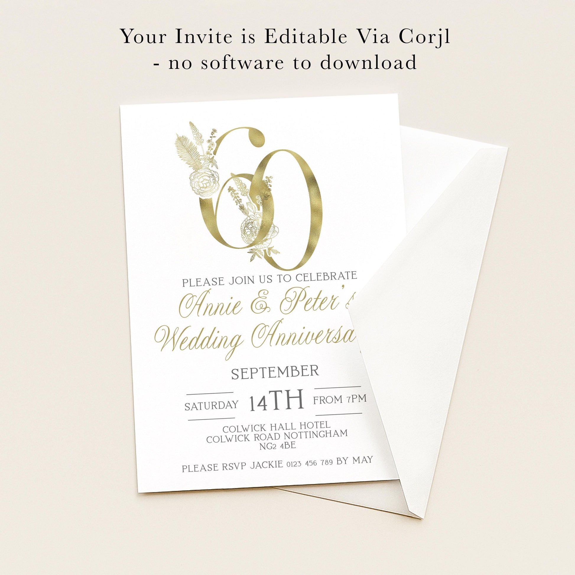The image is a wedding anniversary invitation for a couple celebrating their 60th wedding anniversary. The invitation is edited via a software and does not require any software to download.