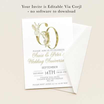 The image is a wedding anniversary invitation for a couple celebrating their 60th wedding anniversary. The invitation is edited via a software and does not require any software to download.