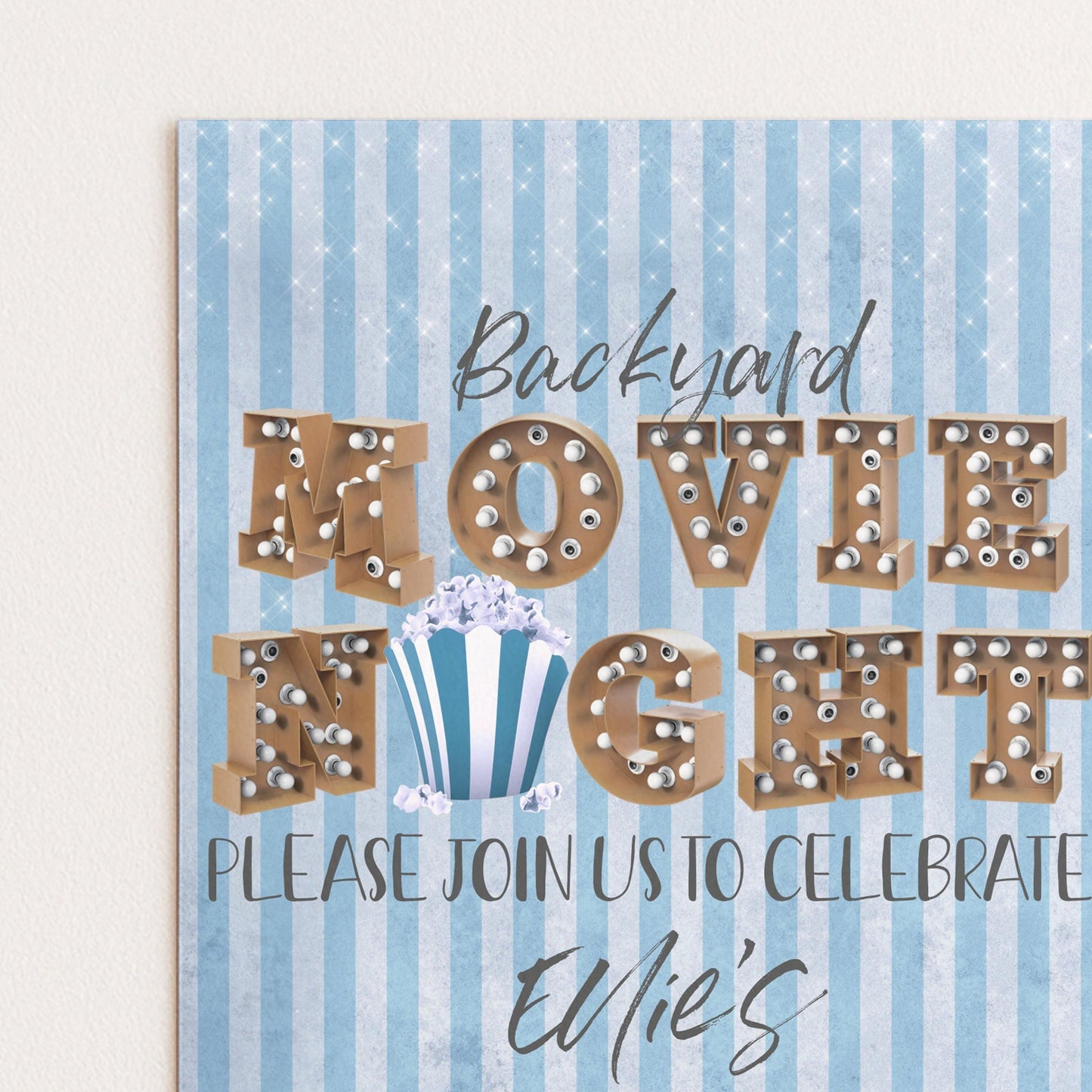 The image is a promotional poster for a backyard movie night event. It features the text "Backyard Movie Night" in a decorative font, with the word "MOVIE" in a larger font size. The poster also includes a popcorn icon and invites viewers to "PLEASE JOIN US TO CELEBRATE ELLIE'S".