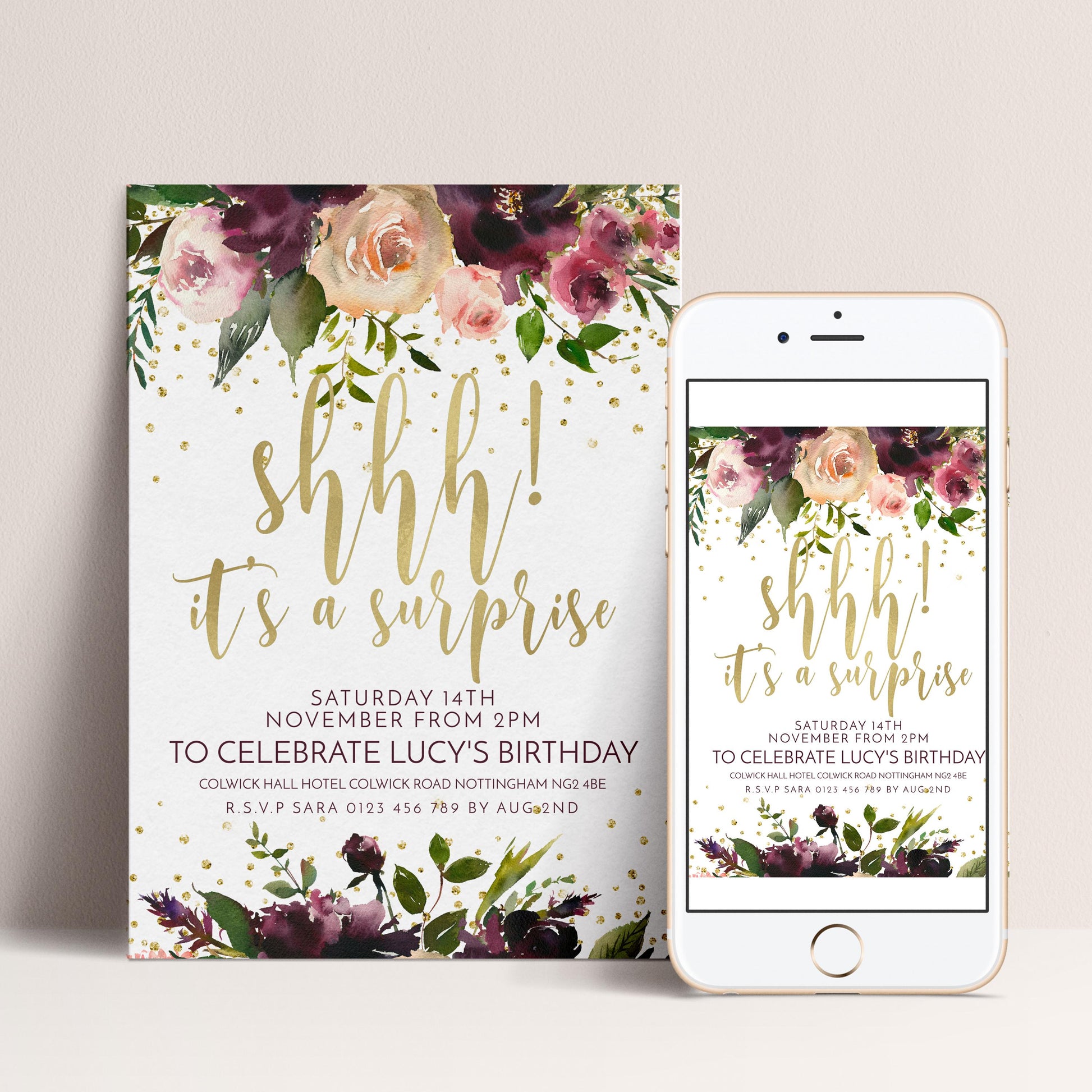 The image is a birthday party invitation featuring a floral design with gold text and a smartphone displaying the same invitation.
