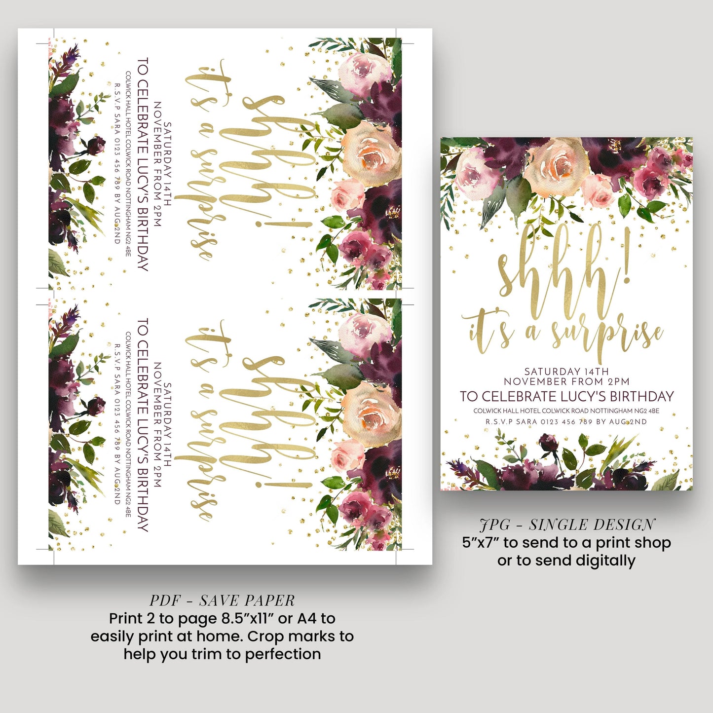 two different designs for a birthday invitation. The first design is a floral print with gold lettering, and the second design is a digital version with gold lettering. The designs are intended to be used for sending a surprise birthday party to someone named Lucy.