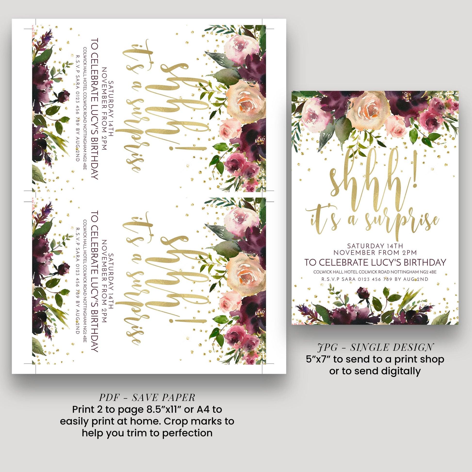 two different designs for a birthday invitation. The first design is a floral print with gold lettering, and the second design is a digital version with gold lettering. The designs are intended to be used for sending a surprise birthday party to someone named Lucy.