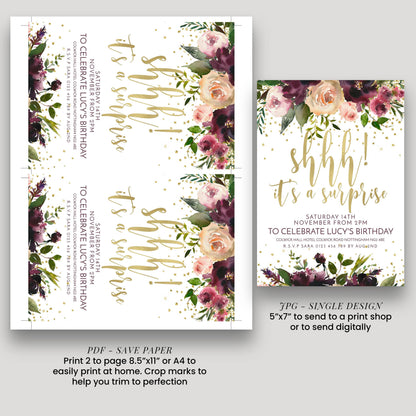 two different designs for a birthday invitation. The first design is a floral print with gold lettering, and the second design is a digital version with gold lettering. The designs are intended to be used for sending a surprise birthday party to someone named Lucy.