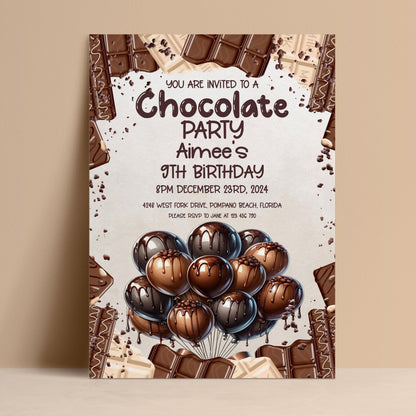 The image is a birthday party invitation for a chocolate-themed party.