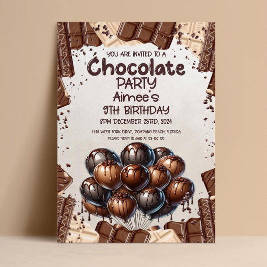 The image is a birthday party invitation for a chocolate-themed party.
