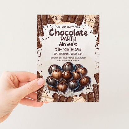 The image is a birthday party invitation for a chocolate-themed party.