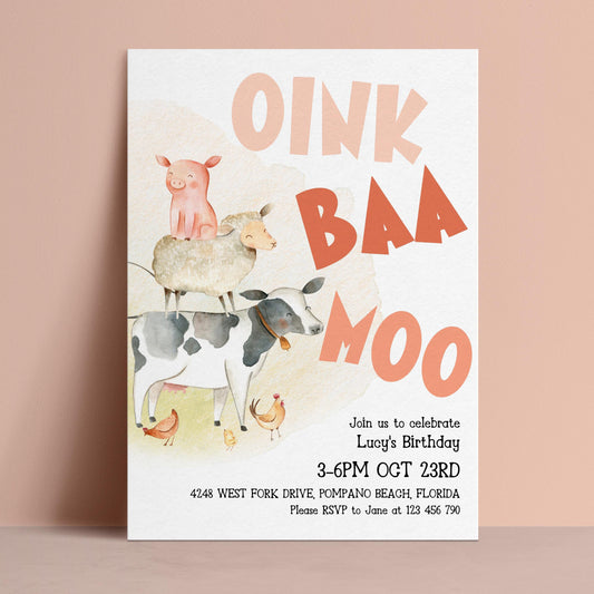 The image is a birthday invitation featuring a cartoon illustration of a pig, sheep, and cow, along with the text "Oink Baa Moo" and details about a birthday celebration.