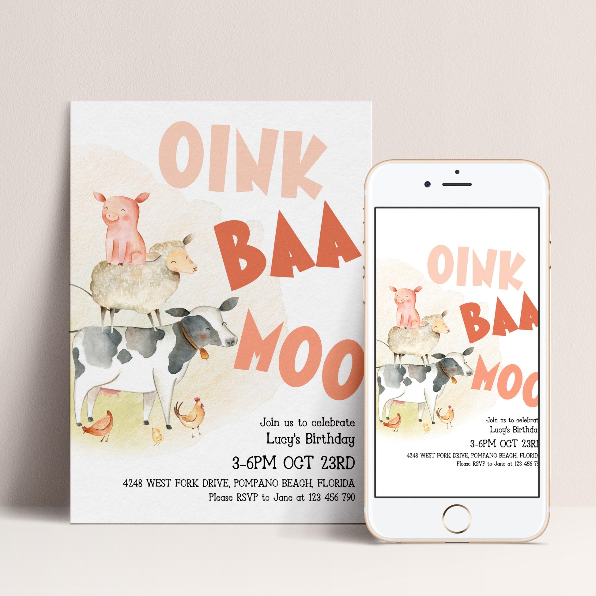 The image is a birthday invitation featuring a pig, cow, and sheep on a white background, along with text inviting guests to a birthday celebration.