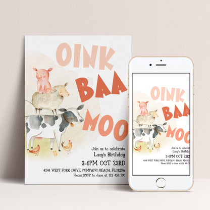 The image is a birthday invitation featuring a pig, cow, and sheep on a white background, along with text inviting guests to a birthday celebration.