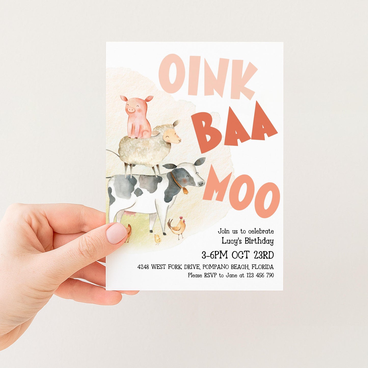The image is a birthday invitation for a pig, sheep, and cow, with the text "OINK BAA MOO" prominently displayed.