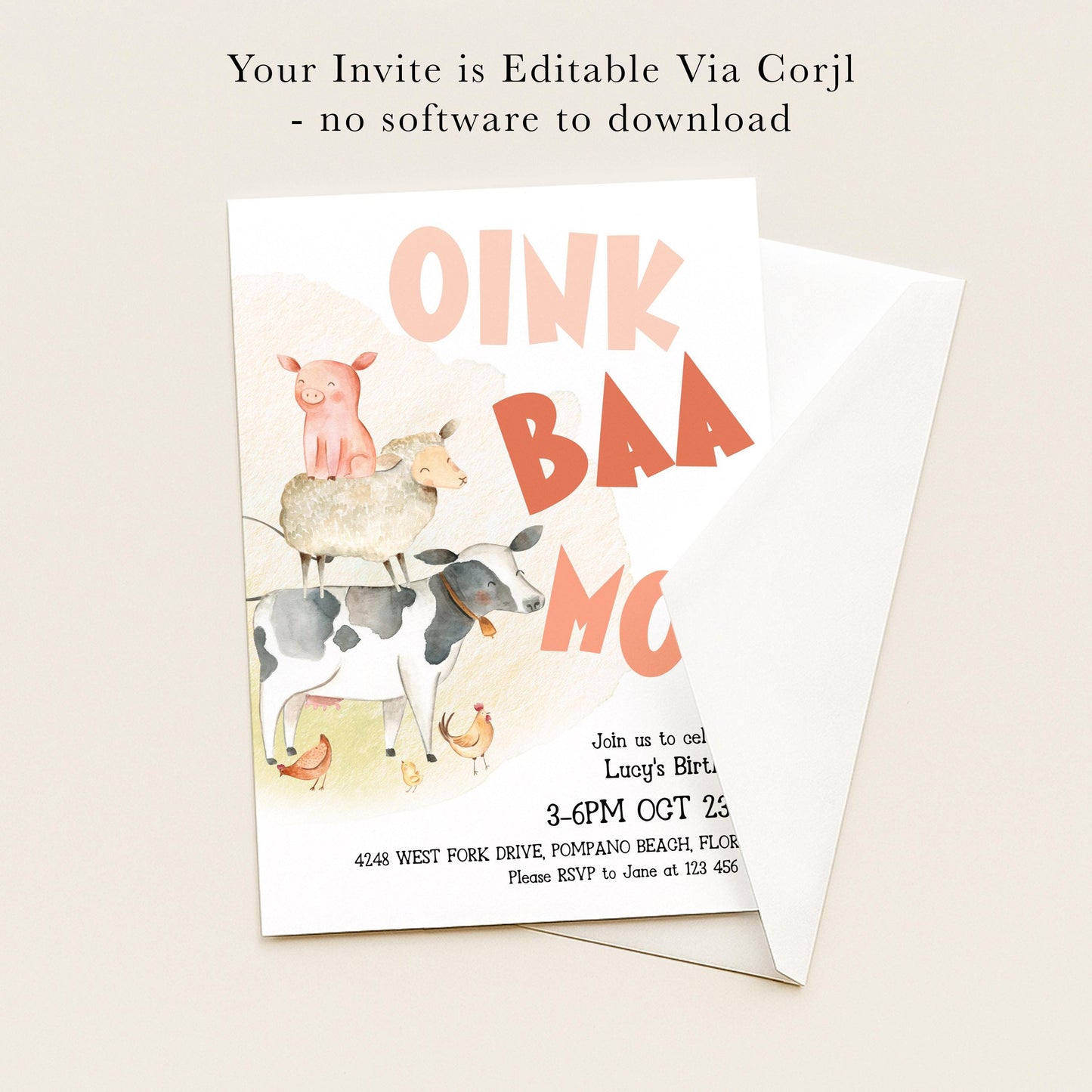 The image is a birthday invitation featuring a cartoon illustration of a pig, cow, and sheep, along with the text "Oink Baa Baa" and other details about the event.