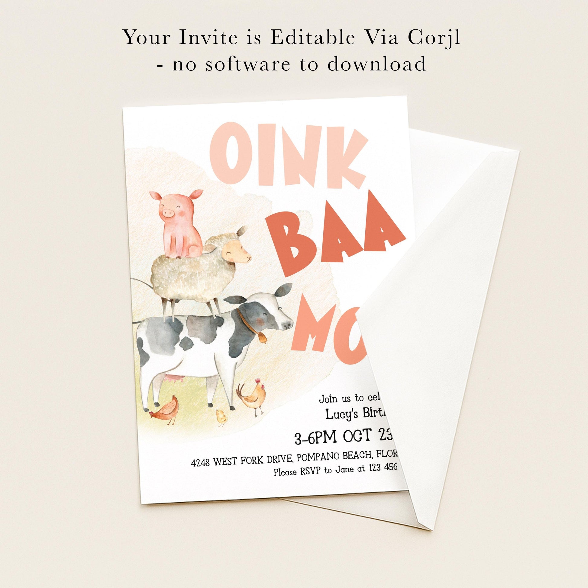 The image is a birthday invitation featuring a cartoon illustration of a pig, cow, and sheep, along with the text "Oink Baa Baa" and other details about the event.