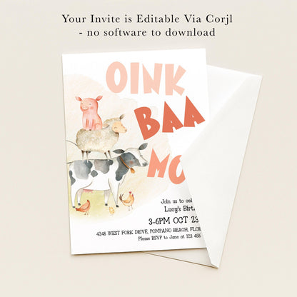 The image is a birthday invitation featuring a cartoon illustration of a pig, cow, and sheep, along with the text "Oink Baa Baa" and other details about the event.